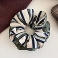 Oversized knitted stripe and dark green corduroy scrunchie for winter hair styling - Green Stripe Double Layer Scrunchie