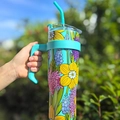 Insulated 40oz teal travel mug with floral daffodils and hyacinths pattern - 1250ml / Sky Blue with 5D Flowers