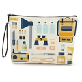 Portable white canvas makeup bag featuring colorful outdoor camping gear illustrations - Outdoor Camping Theme 1 (With Wristlet)