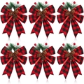 Set de seis lazos navideños a cuadros rojos y negros con agujas de pino y bayas - Juego de 4 / Cuadros Negros y Rojos