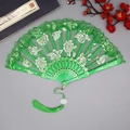 Chinese style folding lace fan in emerald green with white rose patterns and tassels - Fan with Tassel / Green