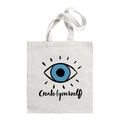 White canvas tote bag featuring blue Evil Eye print and Create Yourself slogan - Slogan Eye O