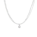 Double-layer necklace featuring freshwater pearls and silver waterdrop zircon pendant - Double Pearl Chain (Teardrop Pendant - Natural Growth Lines)