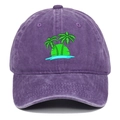 Close-up of purple washed cotton baseball cap featuring green coconut tree embroidery - Purple