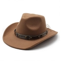 British style wool felt western cowboy hat in brown with vintage metal rivet leather band - M(56-58cm) / Khaki