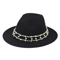 Detail of black wool fedora hat featuring an elegant double-row pearl decorative band - Black Fedora with Pearl Chain