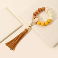 Wooden bead wristlet keychain with brown leather tassel and gold metal ring for women - Coffee