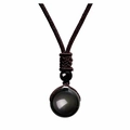 Black obsidian stone pendant necklace with adjustable dark brown braided cord - Obsidian Necklace