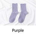 Japanese style frilly cuff cotton socks in light purple with vertical rib knit design - One Size / Purple