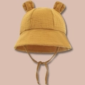 Ginger yellow cotton muslin baby bucket hat with cute 3D ears and adjustable chin strap - 3-12 Months / Turmeric