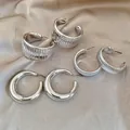 3-pair silver hoop earring set featuring smooth, ribbed, and spiral textures for women - Striped / Smooth / Horizontal Grain / 4# Silver (3-Pair Set)