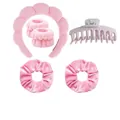 Pink sponge spa headband set with matching wristbands and velvet scrunchies for skincare - 6-Piece Keel Clip Set / Pink Series