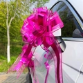 Macro shot of large magenta car mirror bow made of satin and plastic ribbon on a white car - 10 Strands Pack / Matte Rose Red
