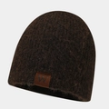 Detail of dark brown mohair knit beanie featuring a premium leather logo patch - One Size / Coffee