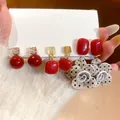 Red geometric pearl earrings set with zircon studs and floral dot pendant dangles - Red/Polka Dot Flower (18# Silver Earring Post)