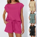 Conjunto casual de dos piezas para mujer con camiseta de cuello redondo y pantalones cortos - S / Top Y Pantalón / Rosa rojo