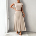 Slim fit beige ribbed knit two-piece set with short sleeve top and high waist maxi skirt - S / Apricot