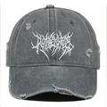 Vintage dark gray washed cotton baseball cap with gothic white embroidery and distressed finish - Gray