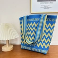 Close-up of blue and yellow wave pattern knit tote bag with Greek key borders - 18 Zigzag Pattern Blue