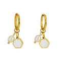 Golden stainless steel hoop earrings with white pearl and hexagonal shell pendants - 18K Gold / Gold