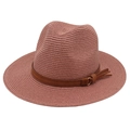 Detail of dusty rose Panama hat with brown leather band and gold tassel accents - Dusty Pink