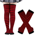 Red and black striped thigh high socks and fingerless gloves set for cosplay and festivals - Black Red Striped Socks and Gloves