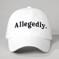 Detail of black Allegedly embroidery on a white cotton baseball cap with stitch texture - Embroidered Allegedly. / White