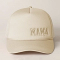 Detail of beige mesh truck hat featuring MAMA embroidery and decorative front rope - One Size / Khaki