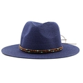 Dark blue woven straw cowboy hat with bohemian beaded band and wide brim for sun protection - Navy Blue