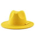 Close-up of bright yellow felt fedora hat featuring a woven band with tassel details - M (56-58cm) / Yellow
