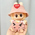 Pink corduroy plush doll outfit with embroidered love heart and angry face pattern - Pink Pig Jumpsuit Three-piece Set / First And Second Generation Keychains Are Compatible With La Cloth Dolls. Dolls Not Included.