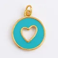 Golden copper round pendant with sky blue enamel and heart-shaped cutout design - Turquoise Cutout Heart-L281214