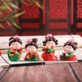 Macro view of 4 cute Tang dynasty lady figurines playing music and dancing - Small Flute Dance Drum Book Combination (1056)