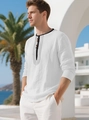 Camicia Henley da uomo in cotone e lino bianco con dettagli di finitura nera - S / Bianco
