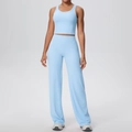 Set yoga celeste con canotta con retro a vogatore e pantaloni a gamba larga a vita alta - Taglia S / Top / Celeste