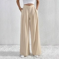 Women's pleated wide-leg trousers in beige with a cross waist design and linen texture - S / Apricot