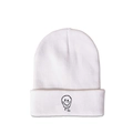 Detailed view of white knitted beanie featuring a black dripping smiley face embroidery - M (56-58cm) / White