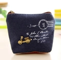 Retro canvas shell coin purse in navy blue and brown with vintage postal stamps - Dark Blue Motorcycle