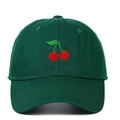 Detail of red cherry embroidery on dark green cotton canvas baseball cap surface - Adjustable / Green