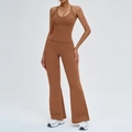 Two-piece deep caramel yoga set featuring halter neck top and flared high-waist pants - S / Coffee (V-Neck)