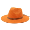 Close-up of bright orange straw fedora hat with woven texture and gold bead accents - Orange