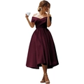 Elegant wine red off-shoulder satin cocktail dress with irregular A-line hem design - L (US 12) / Top And Bottom / Burgundy