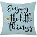 Light blue linen sunflower pillowcase featuring Enjoy the little things cursive text - 45x45cm Pillow Cover / Blue Enjoy Little Things Daisy-2 (24ym005-2)