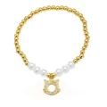 Elegante bracciale con perline dorate, perle bianche e un ciondolo a civetta con zirconi incastonati - Stile Con Perline E Ciondolo Testa Di Gatto (D)
