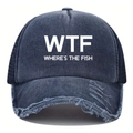 Detailed close-up of distressed denim trucker hat with WTF white printed lettering - One Size / Navy Blue