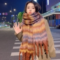 Thick mohair knit scarf with rainbow stripes and long tassels for women - Striped Caramel