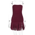 Detail of dark red ruched tube dress with mesh hem and side slit on invisible mannequin - XS / Burgundy