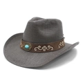 Grijze geweven western cowboy strohoed met turquoise versiering op de bruine decoratieve band - M (56-58cm) / Zwart en Grijs