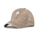 Close-up of distressed khaki baseball cap featuring embroidered daisy and mesh back - Adjustable / Daisy Khaki