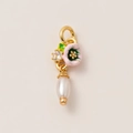 Detail of 18K gold plated earring pendant with pink flower, green leaf and white pearl - Single Pendant (No Chain) / Pearl Rose